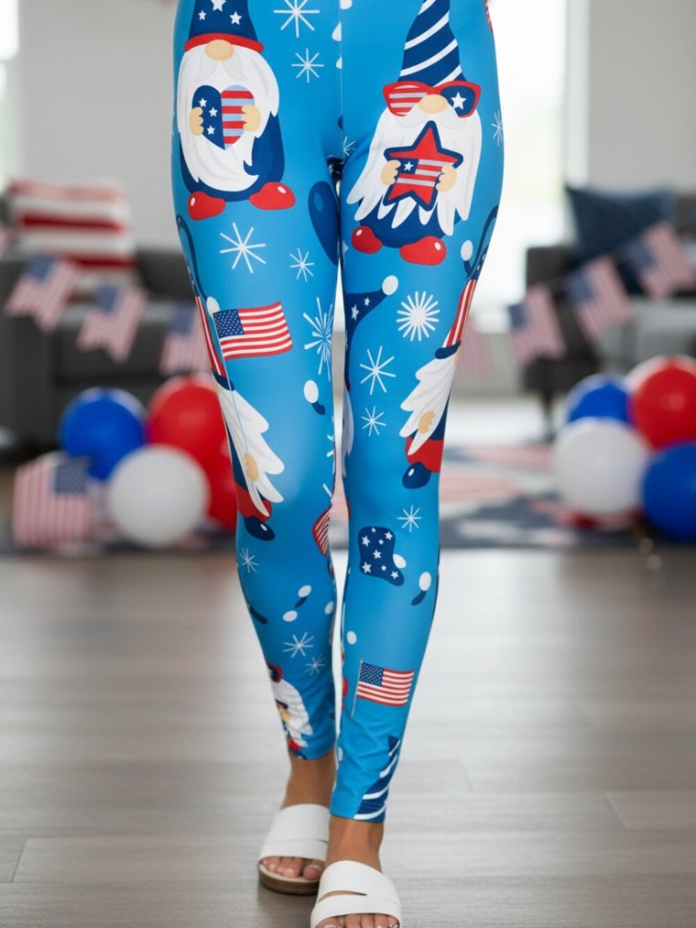OS/TC/TC2 NEW Women USA American Flag Gnome Leggings 4th of July Yoga Pants